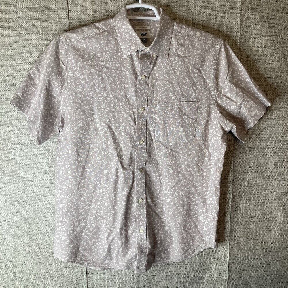 Old Navy Mens Sz Med Slim Fit Short Sleeve Very Light Purple Shirt Floral Print.